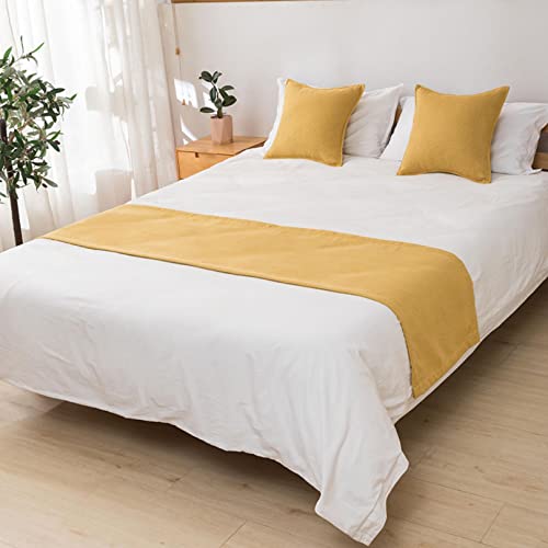 Camino de cama sólido de tela waffle, toalla suave que no se decolora, moderna bufanda de protección para dormitorio, hotel, sala de boda, amarillo, 45 x 260 cm