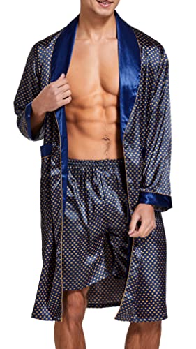 Bata de satén para hombre, ligera, de seda, manga larga, con pantalones cortos, conjunto de kimono para spa, ropa de dormir, Azul con dorado, Medium
