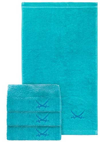 Sansibar - Juego de 4 toallas de invitados (30 x 50 cm, 100% algodón, con sable bordado), color turquesa