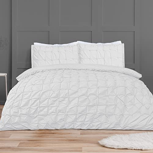Sleepdown Rouched Pleat White Bedding Set-Single edredón y Funda de Almohada (135 x 200 cm), Color Blanco, Algodón, Juego de Cama Individual