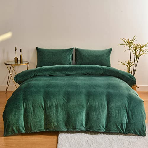 Chanyuan - Juego de ropa de cama de invierno, 135 x 200 cm, tacto cachemir, verde oscuro, suave, funda nórdica de 2 piezas, de franela de felpa, juego de cama con funda de almohada de 80 x 80 cm
