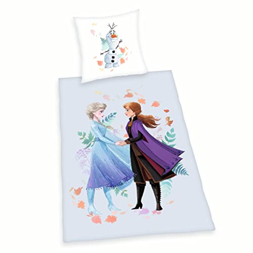 Herding Disney Frozen - Juego de Cama de Almohada (80 x 80 cm, Funda nórdica de 135 x 200 cm, Cierre de botón, 100% algodón/Franela, Multicolor