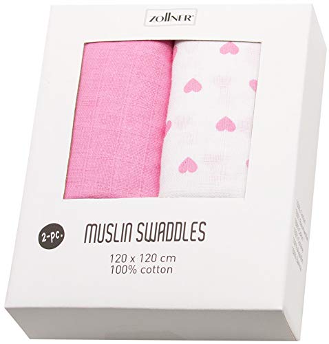 Zollner 2 mantas de muselinas de algodón para bebé 120x120 cm corazones rosas