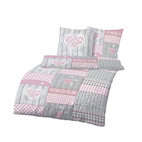 Träumschön Juego de ropa de cama de franela de 155 x 2200 cm, 2 piezas, diseño de corazón, color rosa, funda nórdica de 155 x 220 cm y funda de almohada de 80 x 80 cm