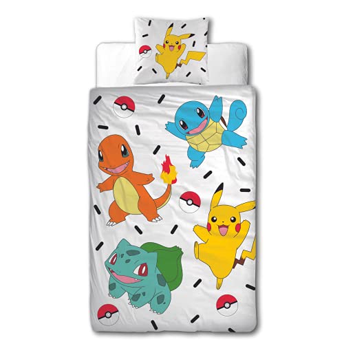Character World Juego de cama de Pokemon de 135 x 200 + 80 x 80 · Pokémon Pikachu & Friends Game · 100 % algodón · 2 piezas de ropa de cama infantil adolescente