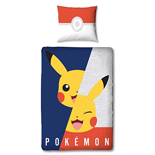 Character World Ropa de cama de Pokémon 135 x 200 + 80 x 80, reversible, diseño de Pikachu Pokémon, 100 % algodón, para adolescentes