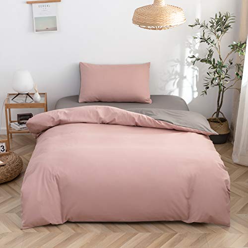 WZW Ropa de cama de 2 piezas, 135 x 200 cm, color rosa palo/gris oscuro, 1 funda nórdica con cremallera y 1 funda de almohada de 80 x 80 cm, 100% microfibra cepillada (130 g/m²)