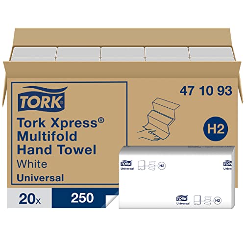 Tork 471093 Toallas de mano Universal Xpress desechables, entreplegadas en Z compatibles con el sistema de Tork H2, 1 capa, blanco, 20 x 250 hojas (21.3 x 23.4 cm)