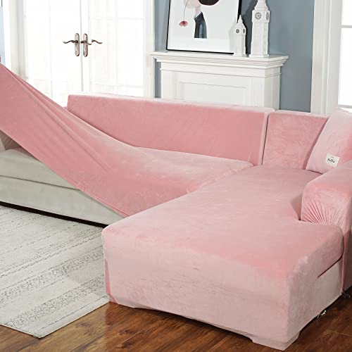 Elástica Funda De Sofá Chaise Longue Terciopelo Fabric, 2 Piezas Funda Cubre Sofá En Forma De L con Parte Inferior Elástica, Protector para Muebles para Niños Gatos Perros-Rosado-X-Grande 4+4 Plazas