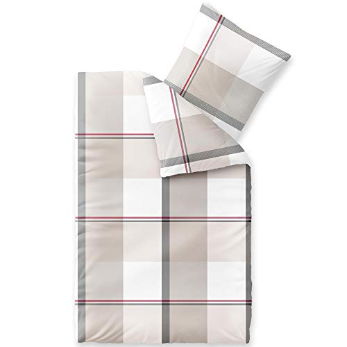 CelinaTex Touchme - Juego de ropa de cama de franela (135 x 200 cm, 2 piezas, algodón, funda nórdica Svea a cuadros), color blanco, beige y gris