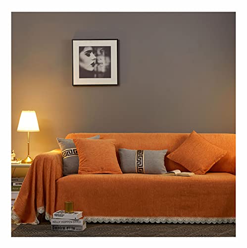 FUNFOB Funda de sofá fácil de Quitar, Funda de sofá de Chenilla con puntilla Calada, Color Unico, Ideal como Tela Decoración, Cubre Sofá, Manta Pícnic(Size:180cm*220cm,Color:Naranja)