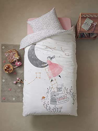 Vertbaudet Juego de funda nórdica y funda de almohada para bebé The Moon Oeko-Tex® (140 x 150 cm), color blanco y multicolor