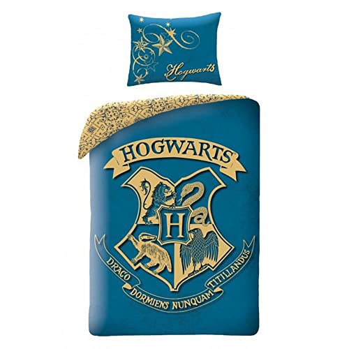 Halantex Harry Potter Juego de ropa de cama, 140 x 200 cm, funda nórdica de 70 x 90 cm, funda de almohada, 100% algodón, Hogwarts Ron Hermione Hufflepuff Ravenclaw