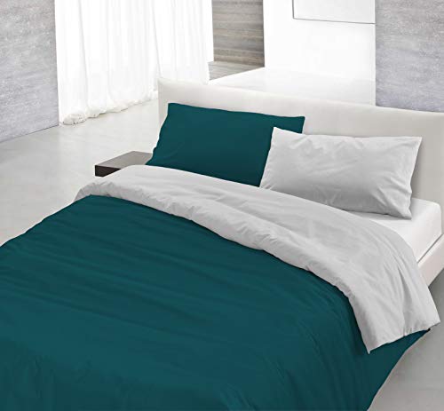 Italian Bed Linen Natural Doble Color y Funda de Almohada, Verde Petroleo/Gris Claro, Individual, 2