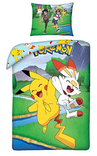 Juego de cama Pokemon Pikachu y Flambino, 100% algodón, funda nórdica de 140 x 200 cm y funda de almohada