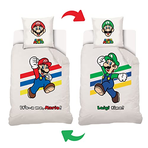 Mario – Funda nórdica Its Luigi Reversible Ado 140 x 200 cm + 1 Funda de Almohada de 63 x 63 cm, 100% algodón, Color Blanco