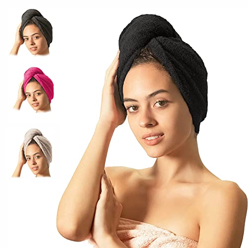 MyBalance Body,Juego de 2 toallas turbantes para el cabello, color negro, turbante de lujo con botón, secado rápido, 100 % algodón, toalla para el pelo, toalla para la cabeza, para pelo largo (negro)