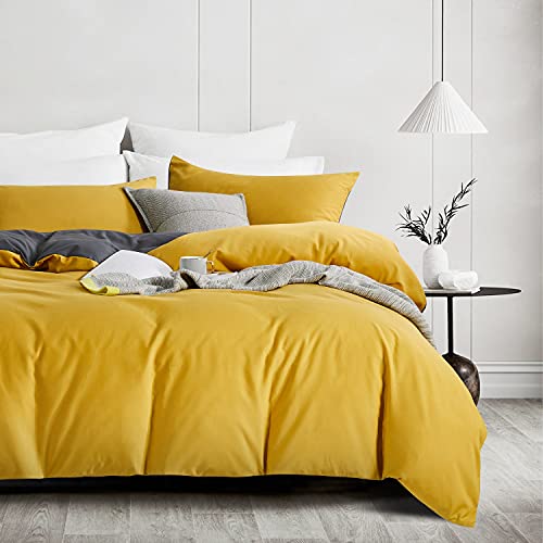 Gezu Juego de cama de 140 x 200 cm, color amarillo mostaza y gris, juego de funda nórdica reversible con 1 funda de almohada de 65 x 65 cm con cremallera