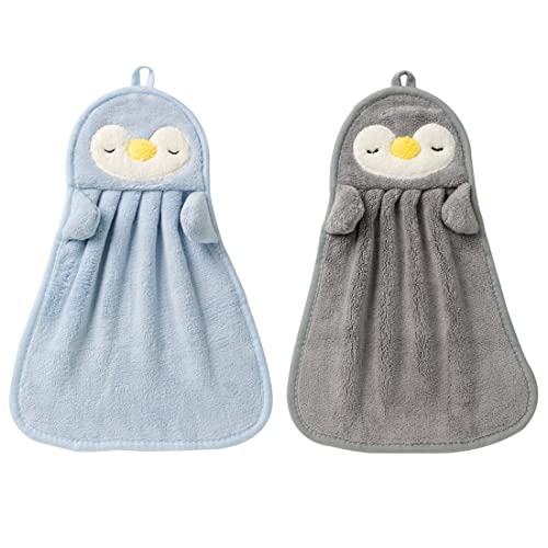CWED 2PCS Paquete de 2 toallas de mano colgantes suaves de chenilla bonitas, divertidas toallas gruesas absorbentes de pingüino para cocina y baño
