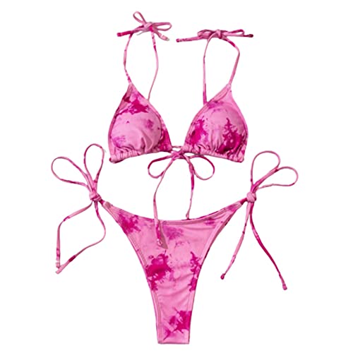 GilRu Color Tie Dye Bikini Mujer Split Triángulo Traje de Baño Mujer Bikini Toalla de playa para Mujer, Rosa intenso., M