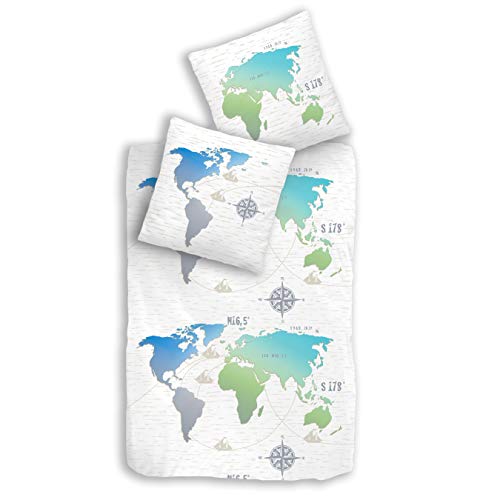Juego de ropa de cama con diseño de mapa del mundo, funda de almohada de 80 x 80 cm y funda nórdica de 135 x 200 cm, diseño de mapa del mundo, color azul turquesa
