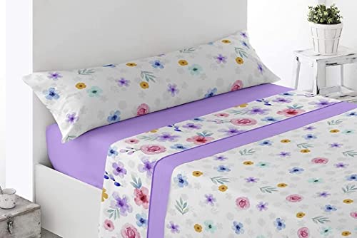 ENCA Juego de sábanas de Microfibra cepillada de poliéster, Estampados, Tres Piezas, Microfibra cepillada, Tacto Suave, Ideales para Primavera y Verano. (Cama 90, Lila y Flores)