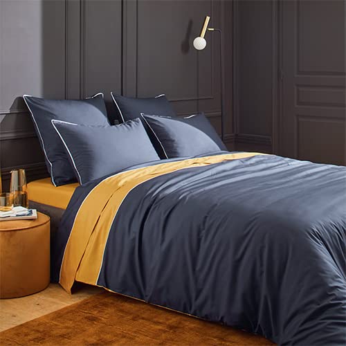 Duquennoy & Lepers - Juego de cama bicolor, funda nórdica de 240 x 220 cm y 2 fundas de almohada - Percal 80 hilos - Azul Marino/Amarillo Mostaza