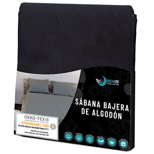 Dreamzie Sábanas Ajustables de algodón Negro - para colchón 150 x 190 x 27 cm - Certificado Libre de Productos químicos (Oeko Tex), Sábanas Ajustables con elástico Complete