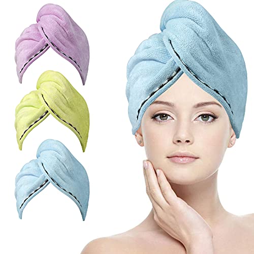 ACWOO Toallas para Secar El Pelo, 3pcs Gorro de Pelo Seco y 6pcs Banda Elástica Set, Toalla de Microfibra para Secar El Cabello, Turbante de Secado Rápido para Mujer (Azul, Amarillo, Morado)