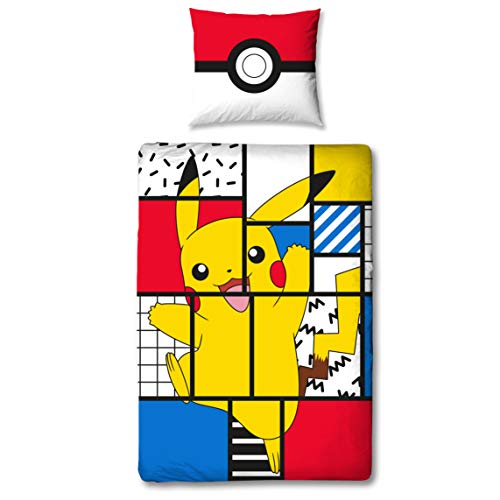Juego de cama Pokemon de 135 x 200 cm + 80 x 80 cm, tamaño alemán · Pokémon Pikachu · 100 % algodón · 2 piezas de ropa de cama para adolescentes
