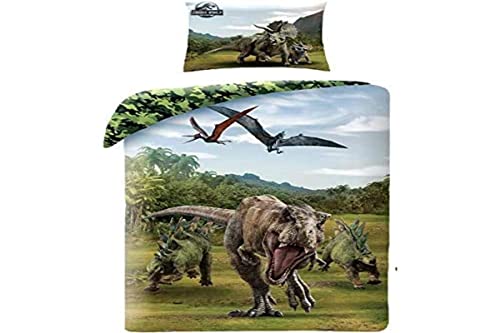 Halantex - JW2-21BL - Juego de Cama Jurassic World Dinosaurs TRICERATOPE T-Rex Funda Nórdica y Funda de Almohada Oficial - Multicolor - 100% Algodón - 140x200cm + 70x90cm