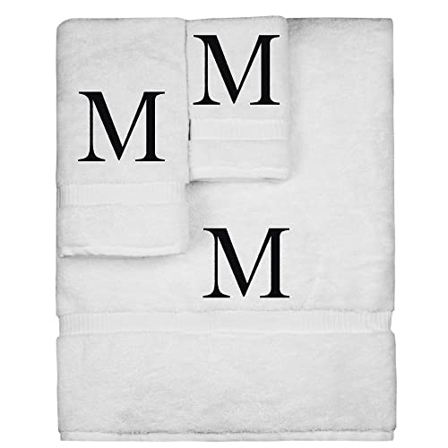 Juego de toallas monogramadas, regalo personalizado, juego de 3 toallas bordadas con letras de bloque negro, extra absorbente, 100% algodón turco, acabado de rizo suave, gris