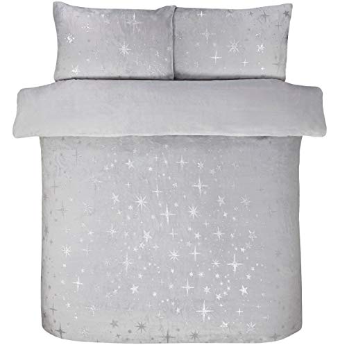 Sleepdown Scattered Stars-Juego edredón con Fundas de Almohada (230 x 220 cm), diseño de Estrellas, Color Plateado, Forro Polar, Plata, Matrimonio