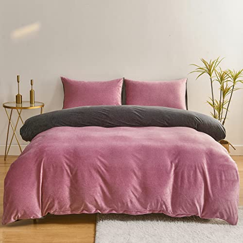 Chanyuan,Juego de ropa de cama de 155x220 cm de felpa de cachemir, color rosa palo, lila y gris, reversible, cálido forro polar coral, funda nórdica con funda de almohada de 80x80 cm