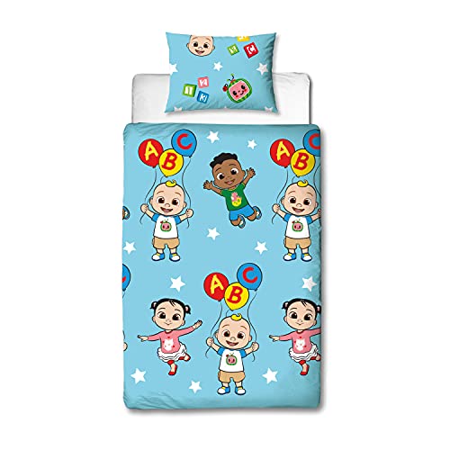 CoComelon Funda de edredón oficial para cama individual, diseño de amigos, color azul, reversible, 2 caras, con funda de almohada a juego