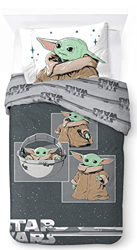 Jay Franco Star Wars The Mandalorian Curious Child - Juego de funda de edredón individual 100% algodón, incluye funda de almohada
