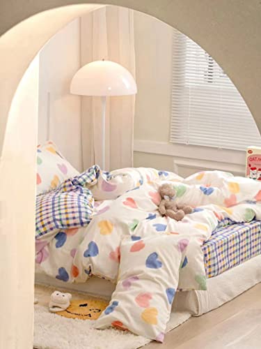 GETIYA Ropa de cama multicolor con diseño de corazones, 100x135 cm, de algodón, para niñas y niños, diseño de corazones, mullido, suave ropa de cama multicolor con 1 funda de almohada de 40x60 cm
