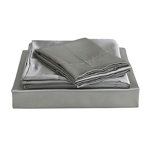 YFGY Mattress Breathable Bed Sheets Double,Soft Satin Silk Fitted Sheet Pillowcase, Mattress Cover Bed Sheet Set Deep Pocket Fully Elastic Bedding Set Gray 138 * 190 * 35cm 4PCS