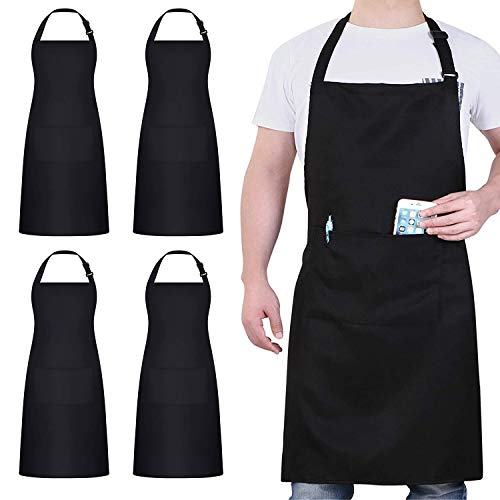 atopo 4 Piezas Chef Delantal, Negro Delantal Impermeable con 2 Bolsillos, Delantal de Cocina Ajustables para Barbacoa Cocinar Hornear Jardinería Restaurante