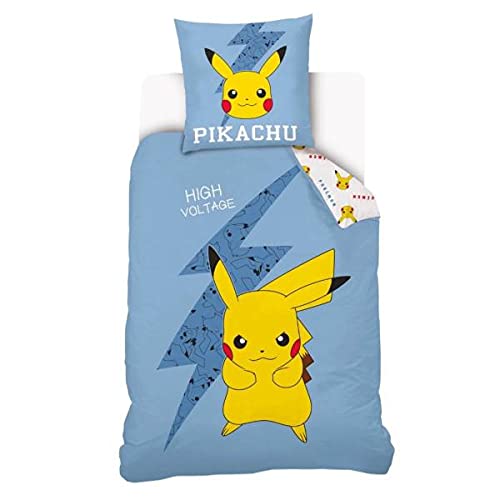 Funda de edredón Pokémon Pikachu, azul y amarillo, para niño, 140 x 200 cm, 1 persona, 100 % algodón.