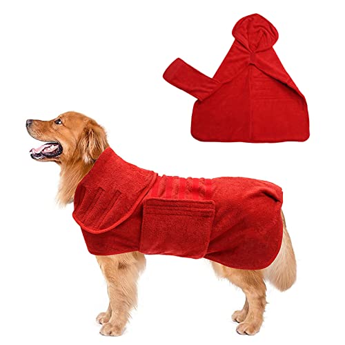 Albornoz para perros, Rojo toalla de secado rápido para perros, albornoz suave para perros, abrigos de secado ajustables para perros para mascotas, cachorros, gatos, batas para perros(53cm/L,Rojo)
