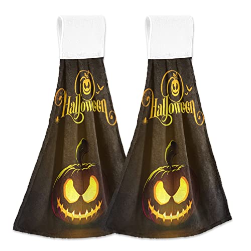 Oarencol Toalla de mano de cocina de calabaza de Halloween Scary Jack O linterna absorbente para colgar con lazo para baño 2 piezas