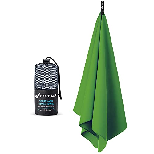 Toalla microfibra – en todos los tamaños, 12 colores – compacta, ultraligera y de secado rápido – toallas para gimnasio – toalla gym, toalla viaje y toalla piscina (100x200cm verde musgo + bolsa)