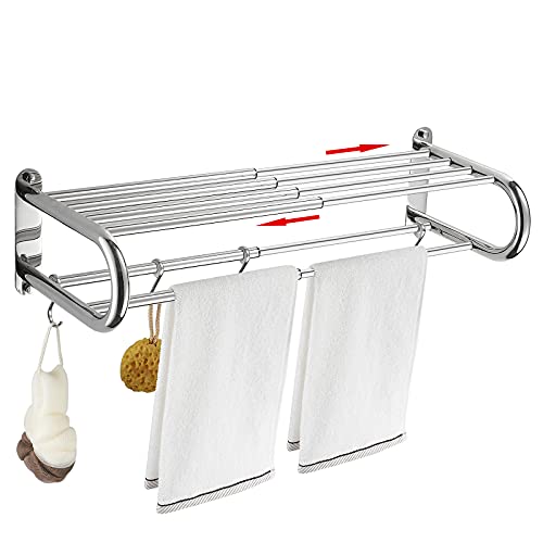 BESY Premium SUS 304 Toallero de acero inoxidable para baño, estante de baño ajustable con ganchos para barra de toallas, barras de toalla dobles multifunción, estilo hotel, montaje de pared con