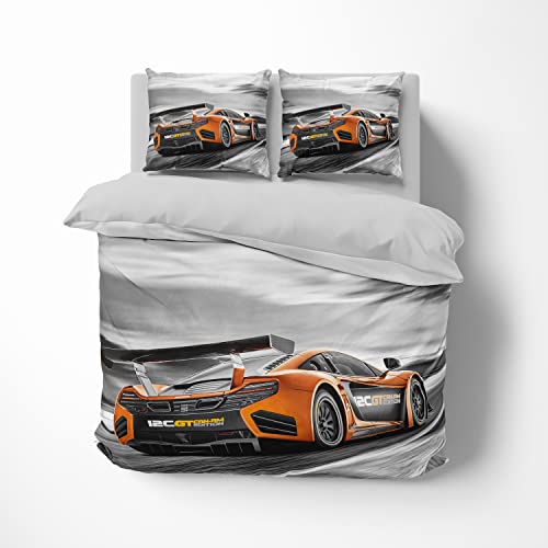 Ropa de cama 3D, color naranja y coche deportivo, funda nórdica de 135 x 200 cm + 80 x 80 cm, doble cara, naranja y gris, con cierre