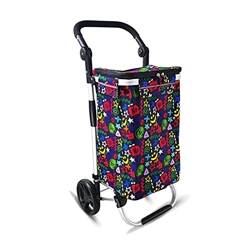 OVAST Carrito de la compra 45L con bolsa de tela y rueda de cojinete plegable de comestibles para subir escaleras de compras, carrito de compras de lavandería (color: azul) (Color: graffiti)