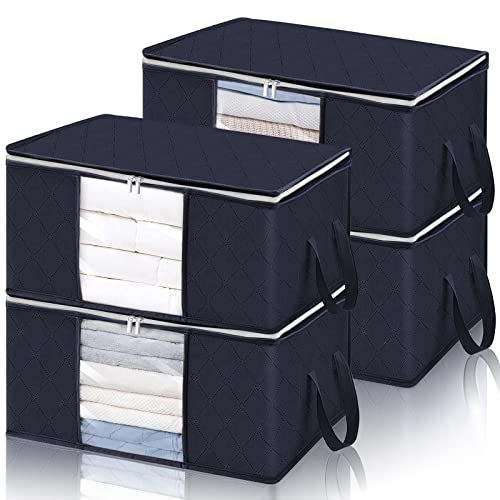 Newthinking Paquete de 4 bolsas de almacenamiento de ropa, organizador de soluciones de gran capacidad de 90 l con asas reforzadas y tela gruesa no tejida para edredón, mantas, ropa de cama (azul