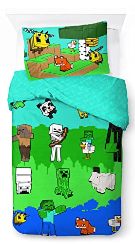 Jay Franco Minecraft Creative Fashion 100% algodón Juego de Cama para niños 135 x 200 cm Tamaño de Cama Individual - Funda nórdica + Funda de Almohada 50 x 70 cm