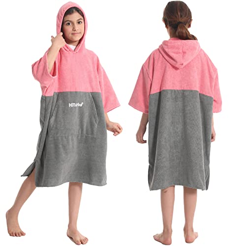 Hiturbo Bata cambiadora de toalla para niños, de secado rápido, absorbente, manta con capucha y bolsillo para playa, piscina, baño (rosa/gris), Rosado y gris, talla única
