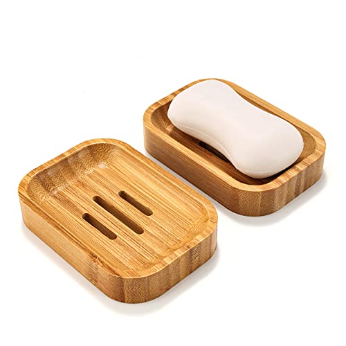 GUANJUNE Paquete de 2 Jaboneras de Bambú de Madera Natural para Baño, Cocina, Esponjas, Accesorios, Almacenamiento